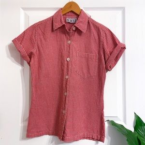 Vintage Red Gingham Short Sleeve Button-up Shirt KEREN Hart 100% Cotton
